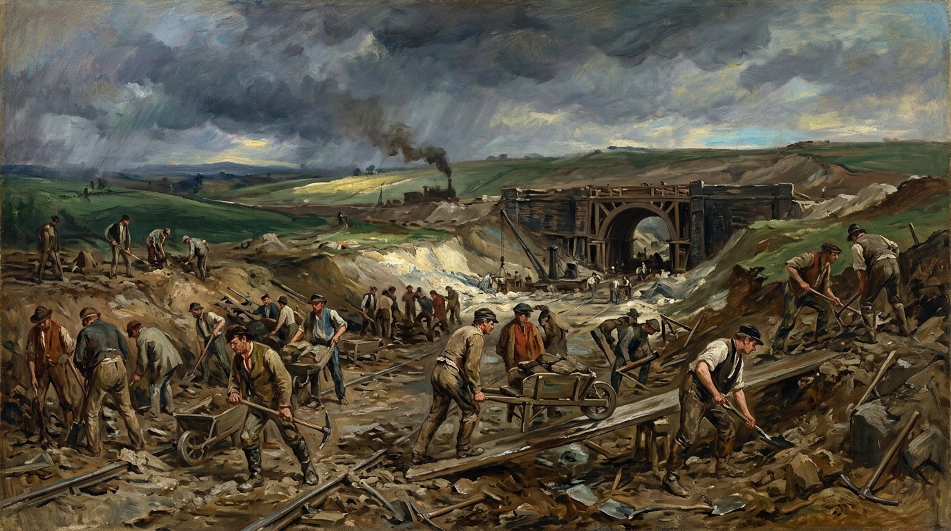 Railway construction scene, navvies digging a cutting through rolling countryside, monumental engineering and human cost